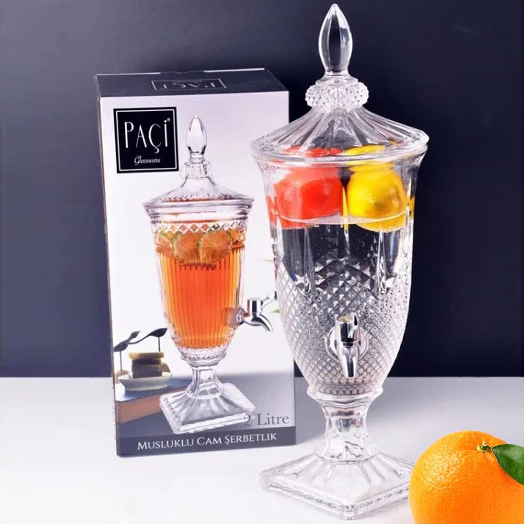 Kapaklı Musluklu Cam Şerbetlik Parti Damacanası 2 Litre Cam Sebil