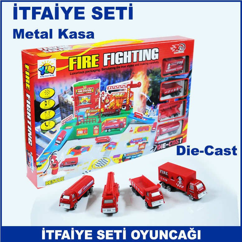 Metal Kasa Die-Cast İtfaiye Oyuncak Seti - Mesleki Oyuncak Seti