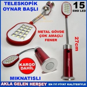 15 SMD LED METAL GÖVDELİ TELESKOPİK OYNAR BAŞLI ÇOK AMAÇLI FENER