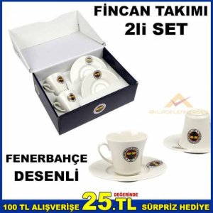Fenerbahçe Desenli 2'li Kahve Fincan Takımı,Özel Kutusunda Lisanslı Set 1.Kalite Porselenden Üretim