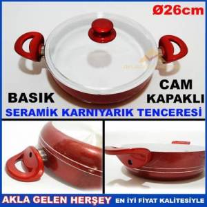 Cam Kapaklı Seramik Basık Karnıyarık Tenceresi