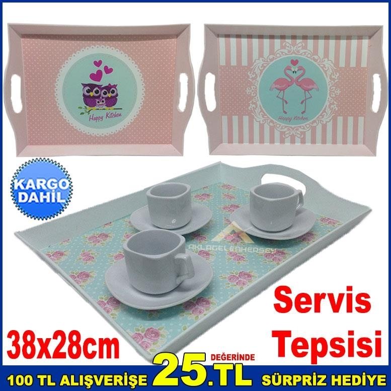 Desenli Dikdörtgen Servis Tepsisi 38x28cm Plastik Sunum Tepsisi