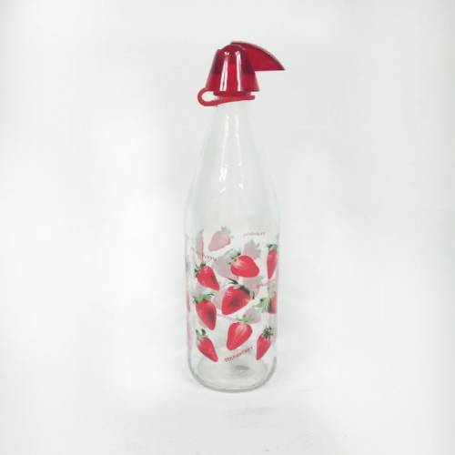 Çilek Baskılı 1 lt Kapasiteli Cam Süt Şişesi Dekoratif Su Şişesi