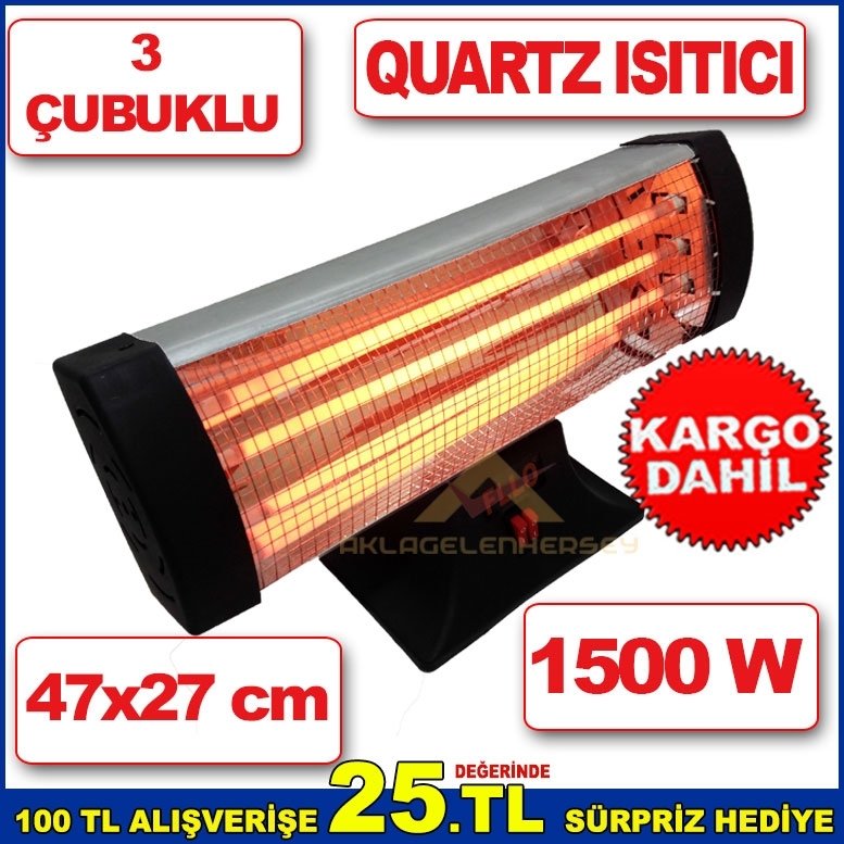 47x27cm BOYUNDA 3 ÇUBUKLU 1500 W GÜCÜNDE QUARTZ ELEKTRİKLİ SOBA