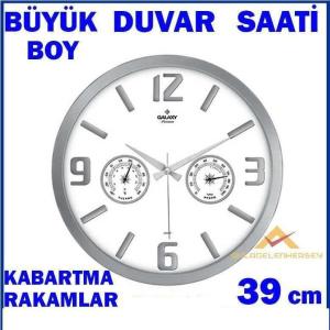 Termometreli nemölçerli Duvar Saati 39cm çaplı metalik gri çerçeveli Büyük boy şık duvar saati