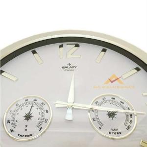 Termometreli nemölçerli Duvar Saati 39cm çaplı metalik gri çerçeveli Büyük boy şık duvar saati