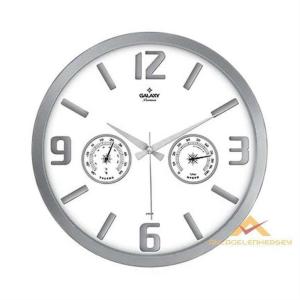 Termometreli nemölçerli Duvar Saati 39cm çaplı metalik gri çerçeveli Büyük boy şık duvar saati