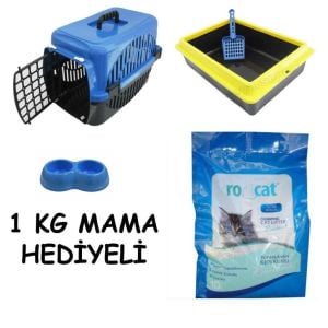 Mama Hediyeli Kedilerimiz İçin 5 Parça Mutlu Yaşam Seti - Çanta Kumluk Kürek Mama Kabı 5 Kg Özel Kum