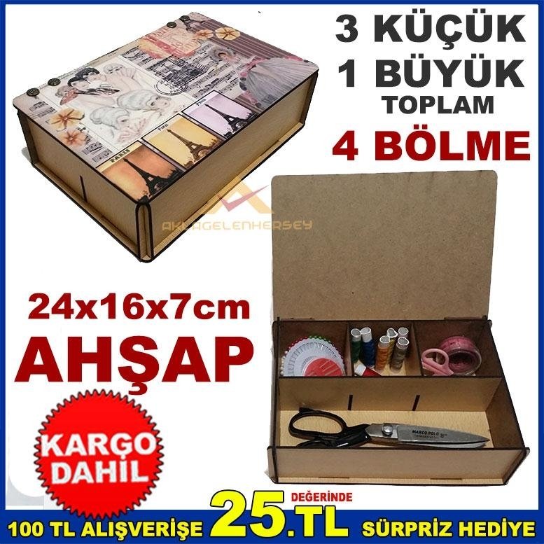 TABLO DESEN KAPAK 4 BÖLME DİKİŞ NAKIŞ İPLİK AHŞAP SAKLAMA KUTUSU