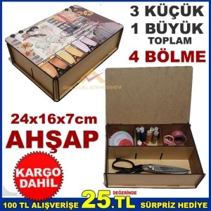TABLO DESEN KAPAK 4 BÖLME DİKİŞ NAKIŞ İPLİK AHŞAP SAKLAMA KUTUSU