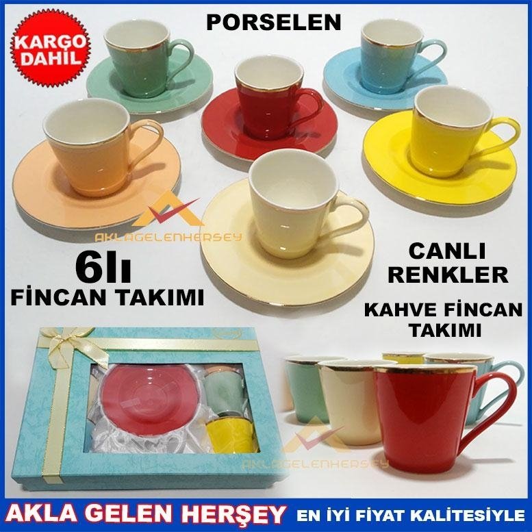 6 ADET PORSELEN CANLI RENKLER KAHVE FİNCAN SETİ