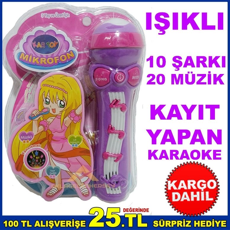 IŞIKLI MÜZİKLİ ŞARKI SÖYLEYEN KAYIT YAPAN KARAOKE MİKROFON MOR