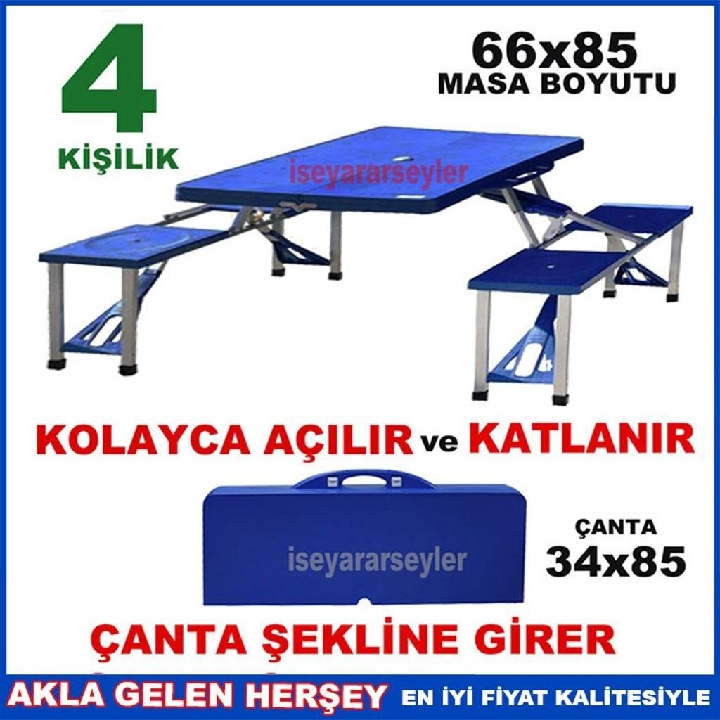MaviRenk 4 KİŞİLİK ÇANTA ŞEKLİNDE OTURAKLI PORTATİF PİKNİK MASASI