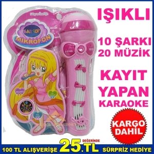 IŞIKLI MÜZİKLİ ŞARKI SÖYLEYEN KAYIT YAPAN KARAOKE MİKROFON PEMBE