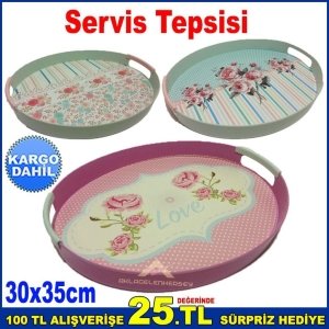 Desenli Servis Tepsisi 30x35cm Elips Plastik Sunum Tepsisi