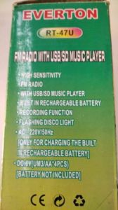 EVERTON RT 47U FM Radyo Çalar. USB Girişli, SD Card Player, Şarj Bataryalı, Ses Kayıt Yapar.