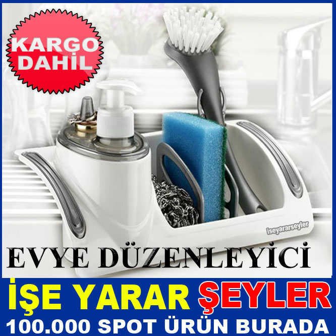 Sıvı deterjanlık 3 bölmeli evye düzenleyici tezgah üstü organizer, sabunluk,süngerlik,fırça standı