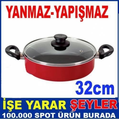 Cam Kapaklı 32cm Yanmaz Yapışmaz Büyük Boy Teflon Karnıyarık Pila