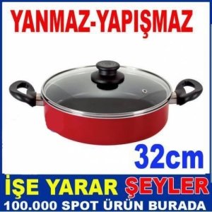 Cam Kapaklı 32cm Yanmaz Yapışmaz Büyük Boy Teflon Karnıyarık Pila