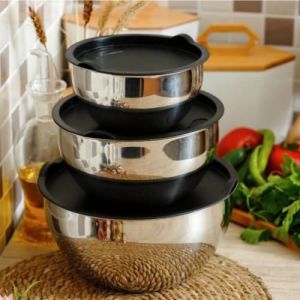 3 Boy 304 Kalite  Çelik Slikon Kapak Derin Mixer ,Çırpma  Saklama Kabı Set