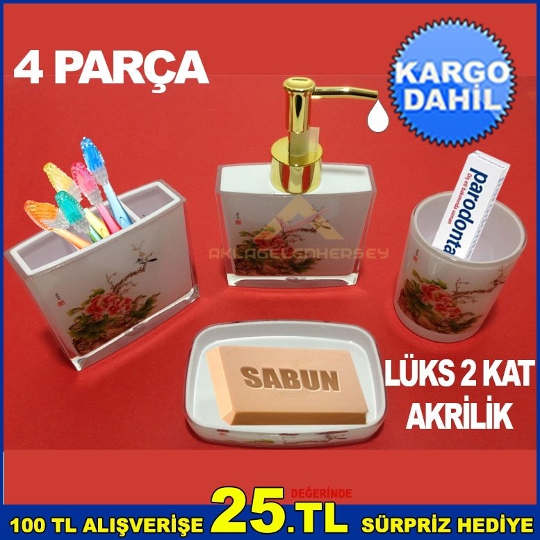 DESENLİ ÇİFTKAT AKRİLİK 4 PARÇA LÜKS BANYO LAVABO SETİ-YEŞİL
