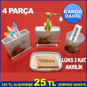 DESENLİ ÇİFTKAT AKRİLİK 4 PARÇA LÜKS BANYO LAVABO SETİ-YEŞİL