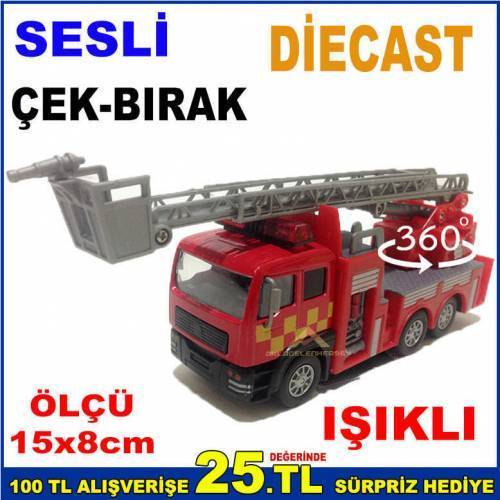 DİECAST SESLİ IŞIKLI ÇEK-BIRAK İTFAİYE ARABASI 360º DÖNER UZUYAN MERDİVENLİ İTFAİYE ARABASI