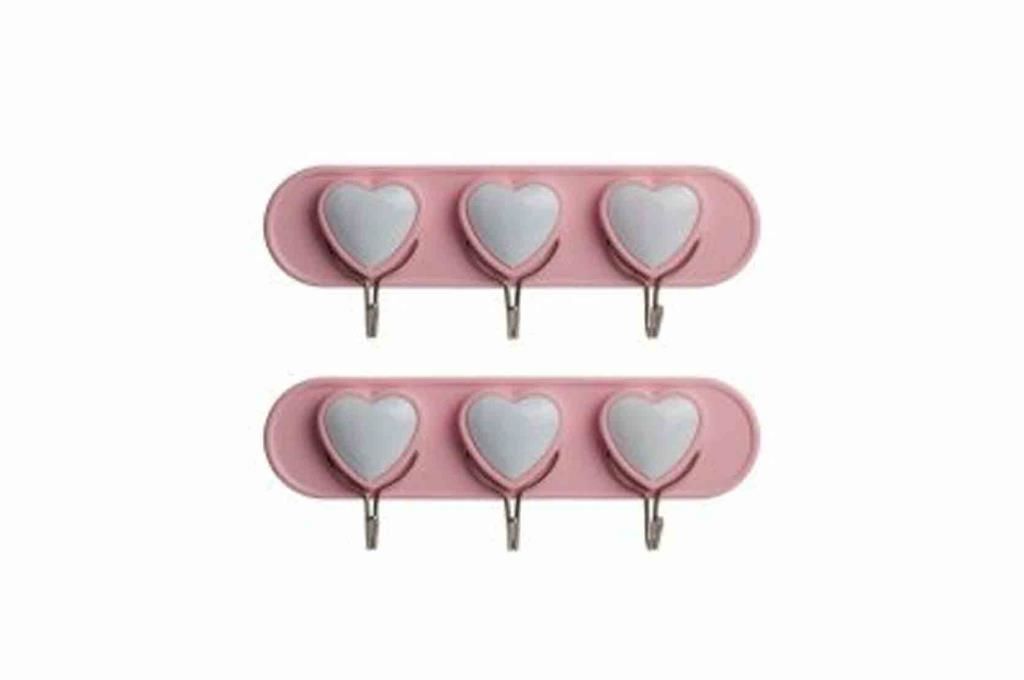2 Adet 3'lü Kalp Motifli Plastik Pembe Yapışkan Duvar Askısı Banyo Mutfak Askısı