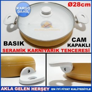 ÜcretsizKargo 28cm CAM KAPAKLI SERAMİK BASIK KARNIYARIK TENCERESİ