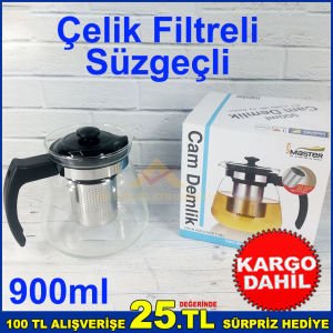 900ml Filtreli Çelik Süzgeçli Cam Çay Demliği Çay, Kahve, Bitki Çayı için Kaliteli Cam Demlik -2