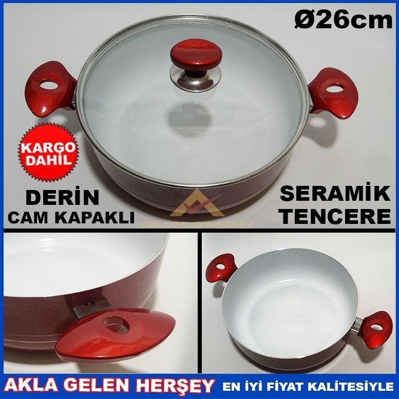 ÜcretsizKargo 26cm CAM KAPAKLI SERAMİK BASIK KARNIYARIK TENCERESİ