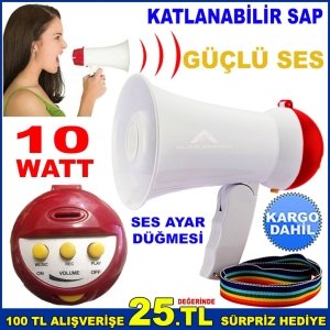 MİNİ EL MEGAFONU KATLANABİLİR SAPLI 10W GÜCÜNDE KAYIT ÖZELLİKLİ
