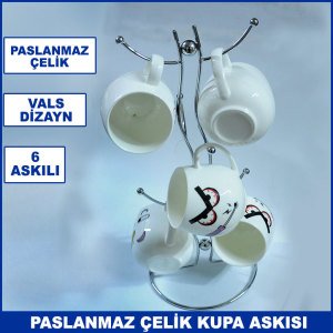 Paslanmaz Çelik 6 Askılı Krom Kupa Askısı Vals Dizayn - Mug Askılığı - Bardak Askısı