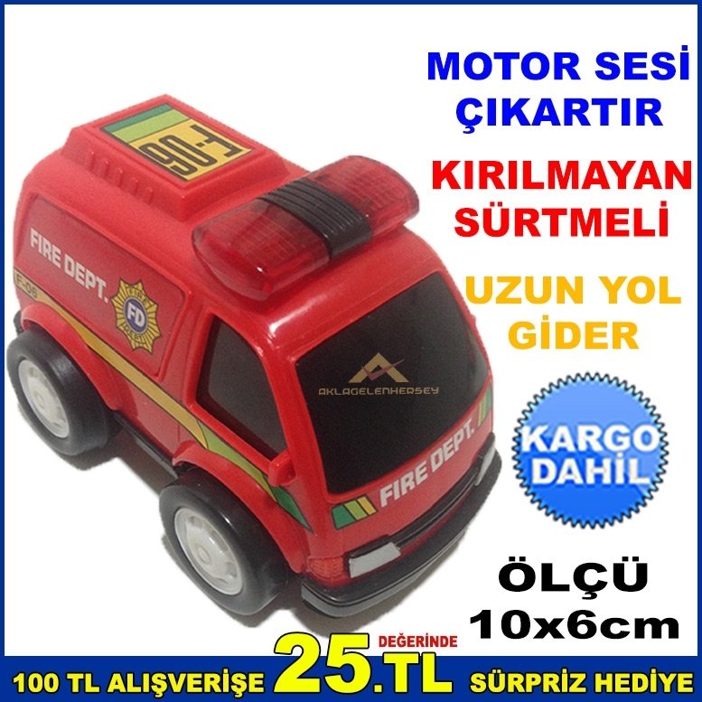 İTFAİYE ARABASI 10x6cm MOTOR SESİ ÇIKARTAN KIRILMAYAN SÜRTMELİ