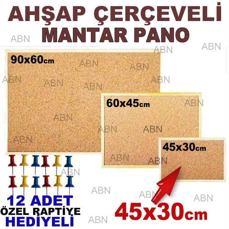12 adet RAPTİYE HEDİYELİ 45x30cm DUVARA MONTE AHŞAP MANTAR PANO