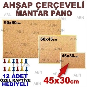 12 adet RAPTİYE HEDİYELİ 45x30cm DUVARA MONTE AHŞAP MANTAR PANO