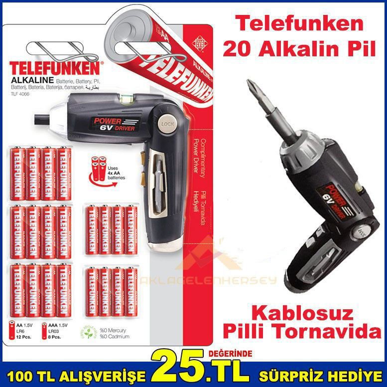 Telefunken 20adet Alkalin Pil 12 AA + 8 AAA ve Pilli Tornavida
