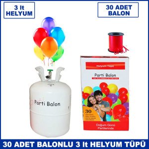 30 Adet Balon ve 3 lt Helyum Tüplü Parti Seti - Uçan Balon Üreten Helyum Gazlı Parti Balon Seti