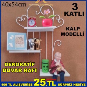 3lü BEYAZ DEKORATİF METAL KALP MODEL DUVAR RAFI