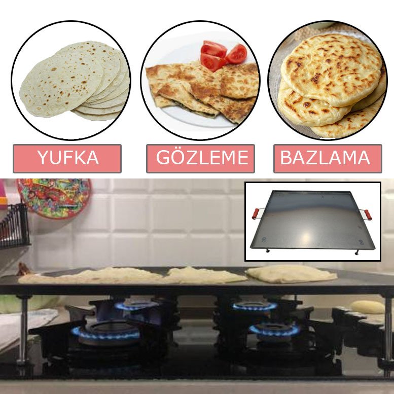 4'lü Ocak Üstü Portatif Yufka Gözleme Bazlama Sacı 49x49cm Ocak Üstü Kare Izgara Sacı