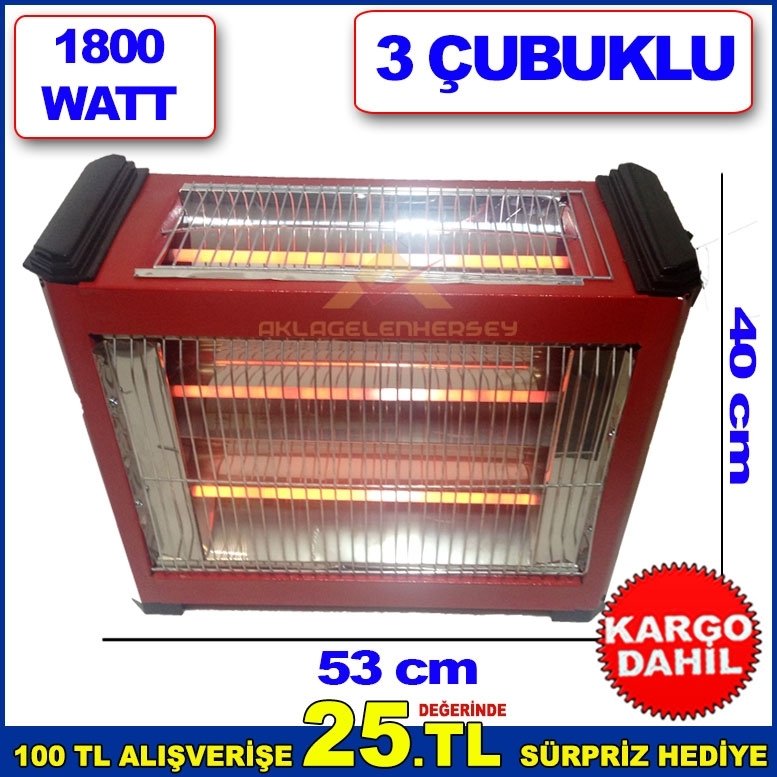 1800 WATT GÜCÜNDE 2+1 3 ÇUBUKLU ELEKTRİKLİ ŞÖMİNE TİPİ YER SOBASI
