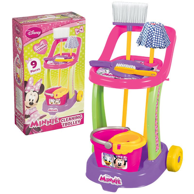 Orijinal Eğitici Disney Ürünü Minnie Tekerlekli Temizlik Arabası Kovalı Paspaslı Fırçalı Oyuncak Set