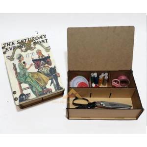 Tablo Desen Kapak 4 Bölme Dikiş Nakış İğne İplik Organize Şık Ahşap Saklama Kutusu