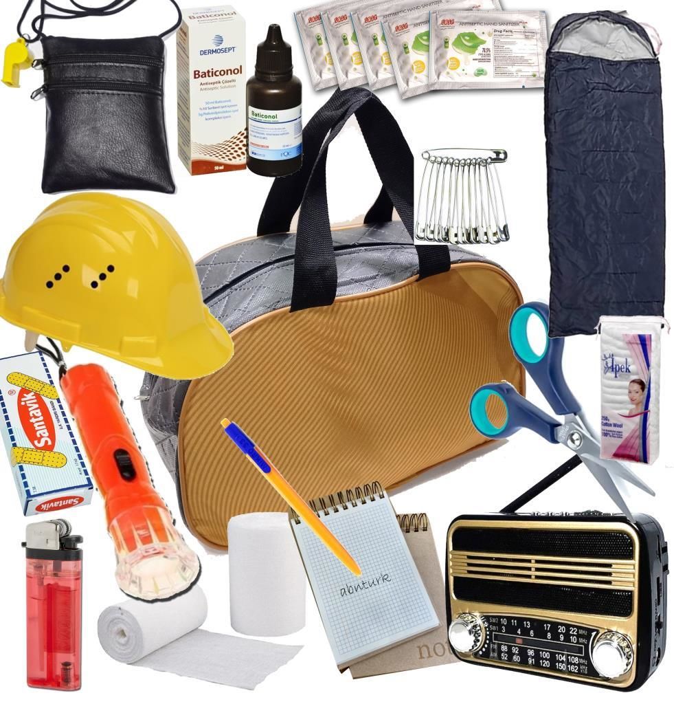 99 Yaşam Malzemesiyle Full Dolu Radyolu Uyku Tulumlu Baretli Doğal Afet Deprem Çantası ilkyardım Set