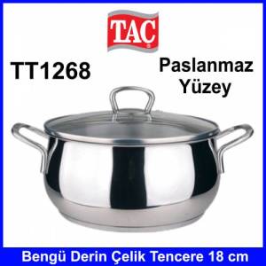 Taç TT1268 Bengü Derin Çelik Cam Kapaklı Tencere Paslanmaz 18cm