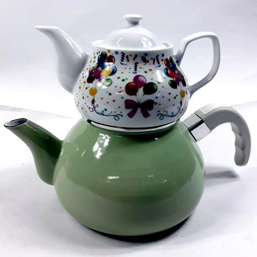 Altı Emaye Üstü Porselen Çaydanlık Seti Büyük Boy Çay Seti