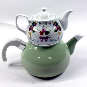 Altı Emaye Üstü Porselen Çaydanlık Seti Büyük Boy Çay Seti