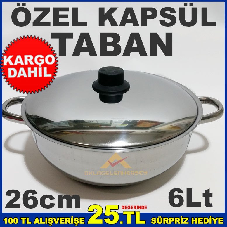 26cm ÇELİK KARNIYARIK TENCERESİ İNDÜKSİYON ÇELİK KAPSÜL TABAN 6 LİTRE BASIK TENCERE