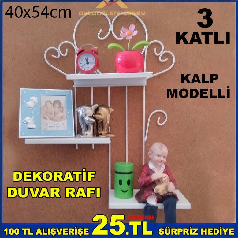 3lü BEYAZ DEKORATİF METAL KALP MODEL DUVAR RAFI