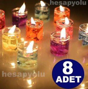 Kokusuz,dumansız cam fanuslu jel mum 8 adet rengarenk t-light mum seti dekoratif Jel parti mumları
